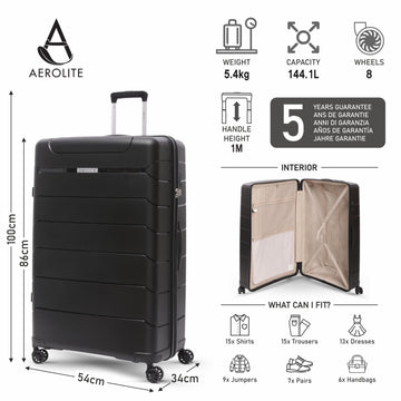 Aerolite 32” XL 144L Polypropylene (PP) Checked Luggage – Lightweight Extra Large Hard Shell Suitcase with 4 dual Spinner Wheels, TSA Lock & Waterproof Pocket – Black